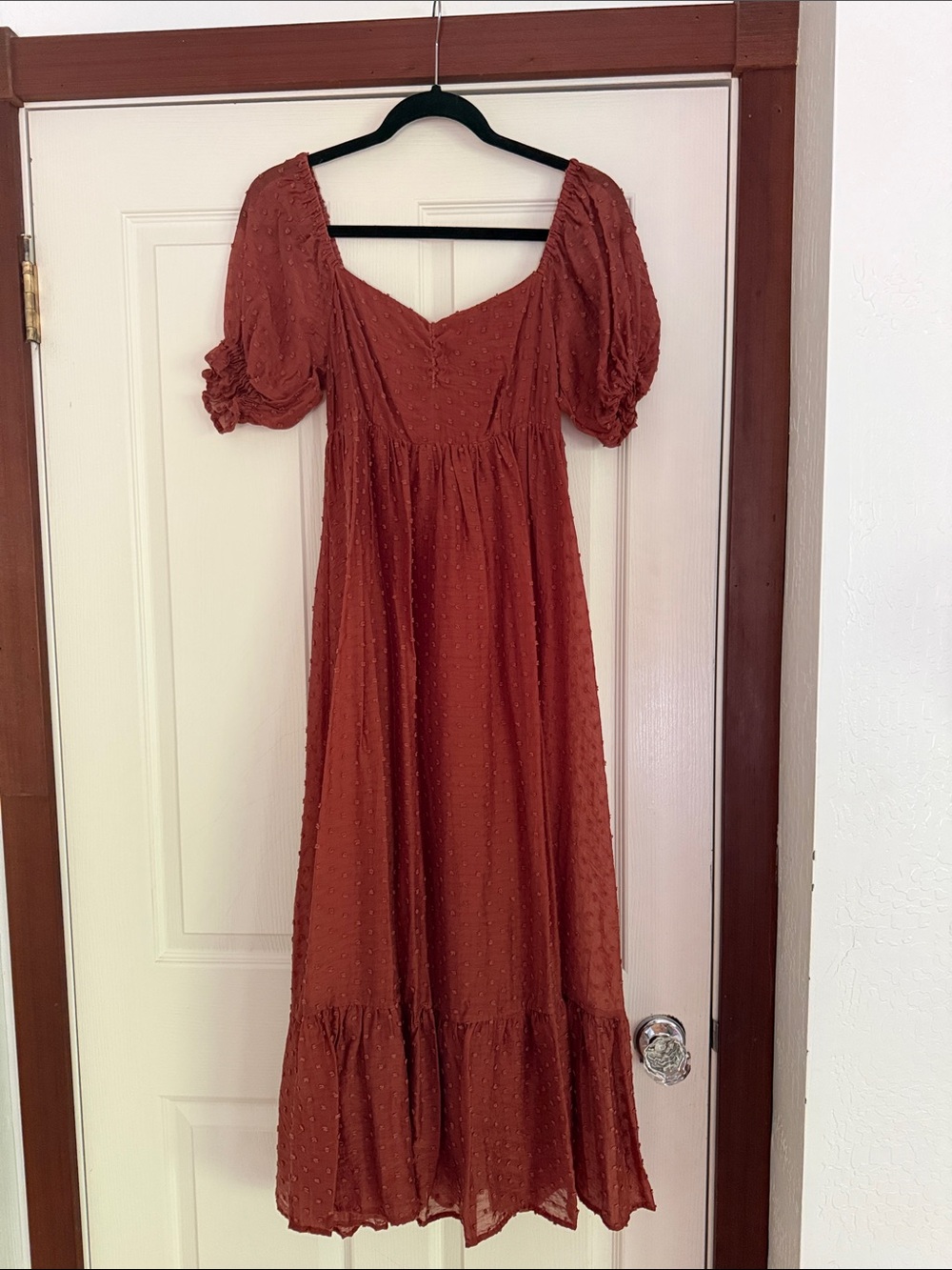 Rust Swiss Dot Maxi Dress with Puff Sleeves - Women (maternity friendly)